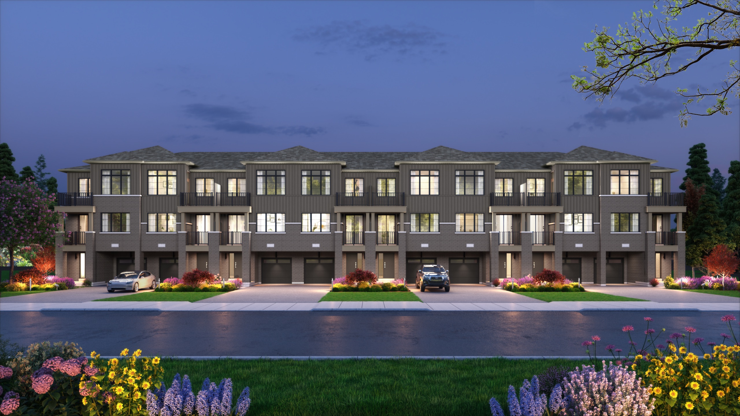 Rendering of Holloway townhomes at dusk